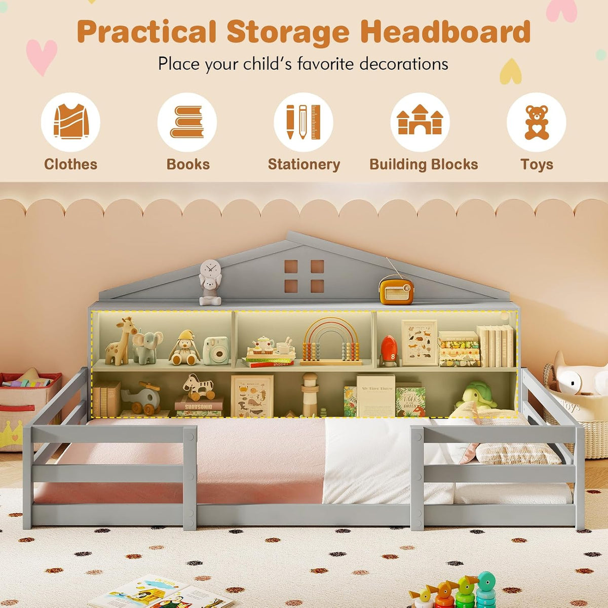 KOMFOTT Twin Floor Bed with Bookcase & LED Light, Wood Bed Frame with Bedside Bookshelves & Guardrails, Versatile 2-in-1 Montessori Floor Bed for Kids (Grey)