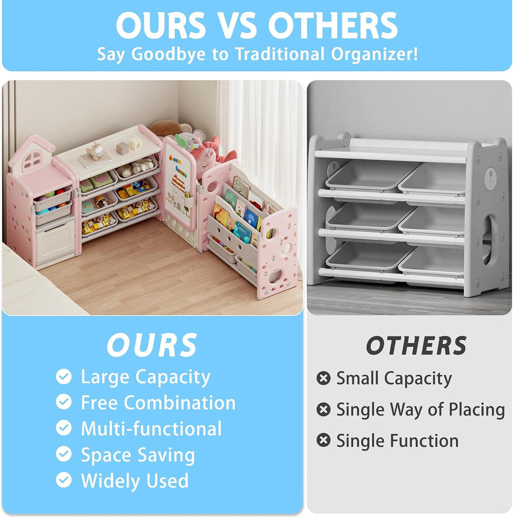 DEYGIA Foldable Kids Toy Storage Organizer with 10 Removable Bins and 3-Tier Bookshelf, 4 in 1 Multifunctional Large Toy Organizer with Drawing Board for Kid Bedroom Playroom Living Room, Light Pink