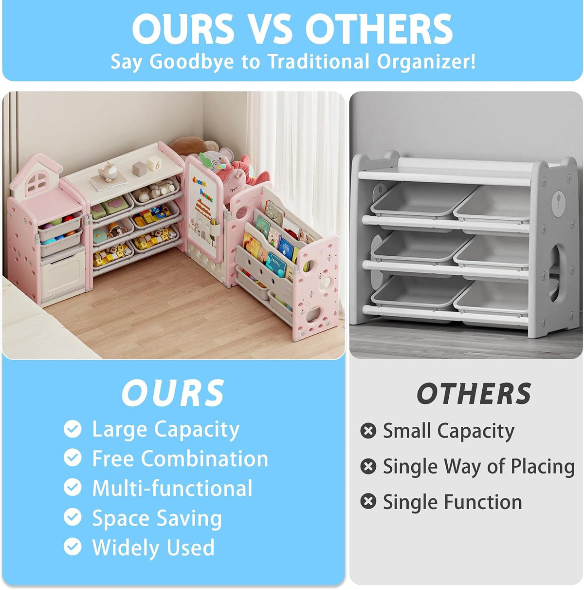 DEYGIA Foldable Kids Toy Storage Organizer with 10 Removable Bins and 3-Tier Bookshelf, 4 in 1 Multifunctional Large Toy Organizer with Drawing Board for Kid Bedroom Playroom Living Room, Light Pink