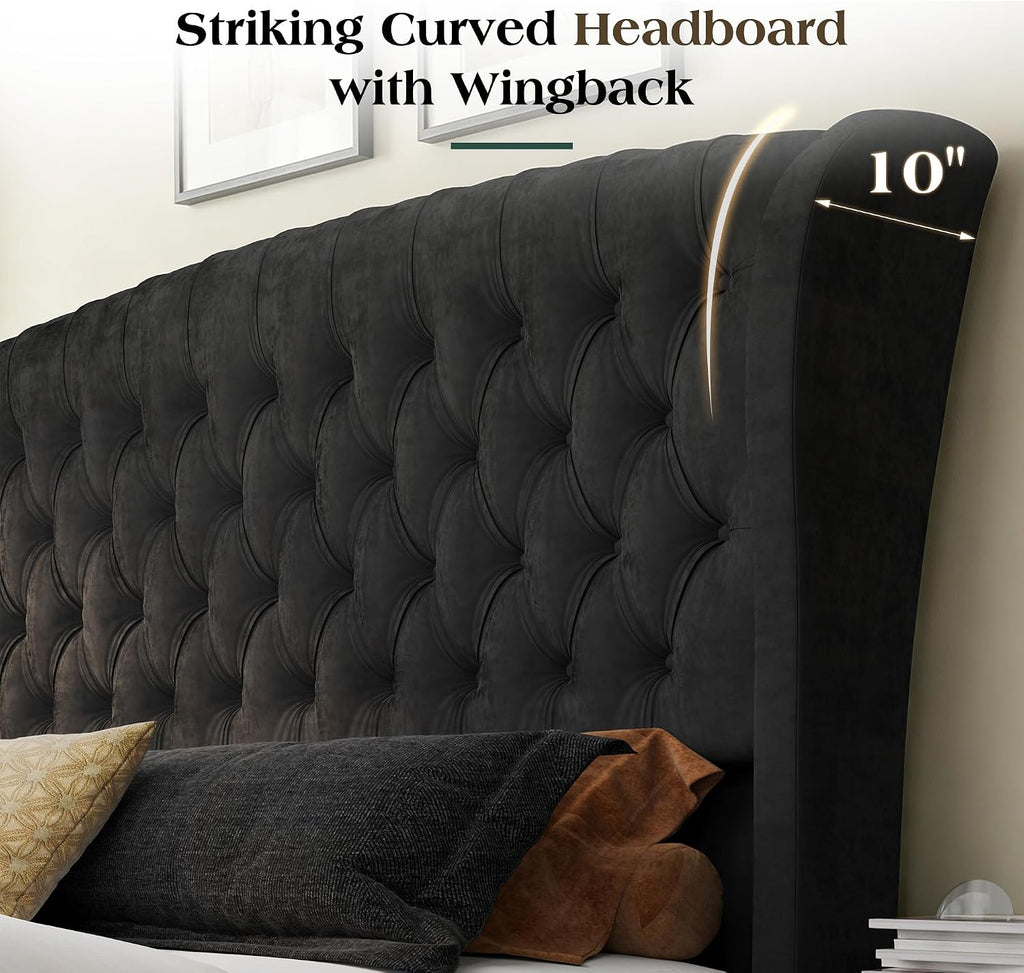 LUXOAK Queen Size Platform Bed Frame, Velvet Upholstered Sleigh Bed with Curved Headboard & Footboard, Deep Button Tufted, Wood Slats Support, No Box Spring Needed, Black