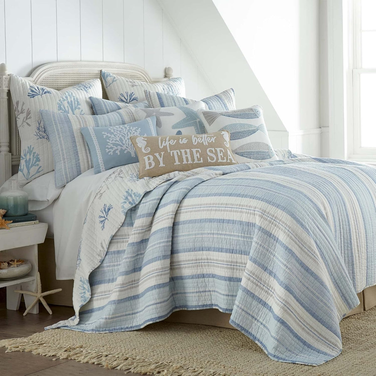 Levtex Home - Ipanema Quilt Set - Full/Queen Quilt + Two Standard Pillow Shams - Coastal - Blue, Taupe and Cream - Quilt Size (88x92in.) and Pillow Sham Size (26x20in.) - Reversible - Cotton Fabric