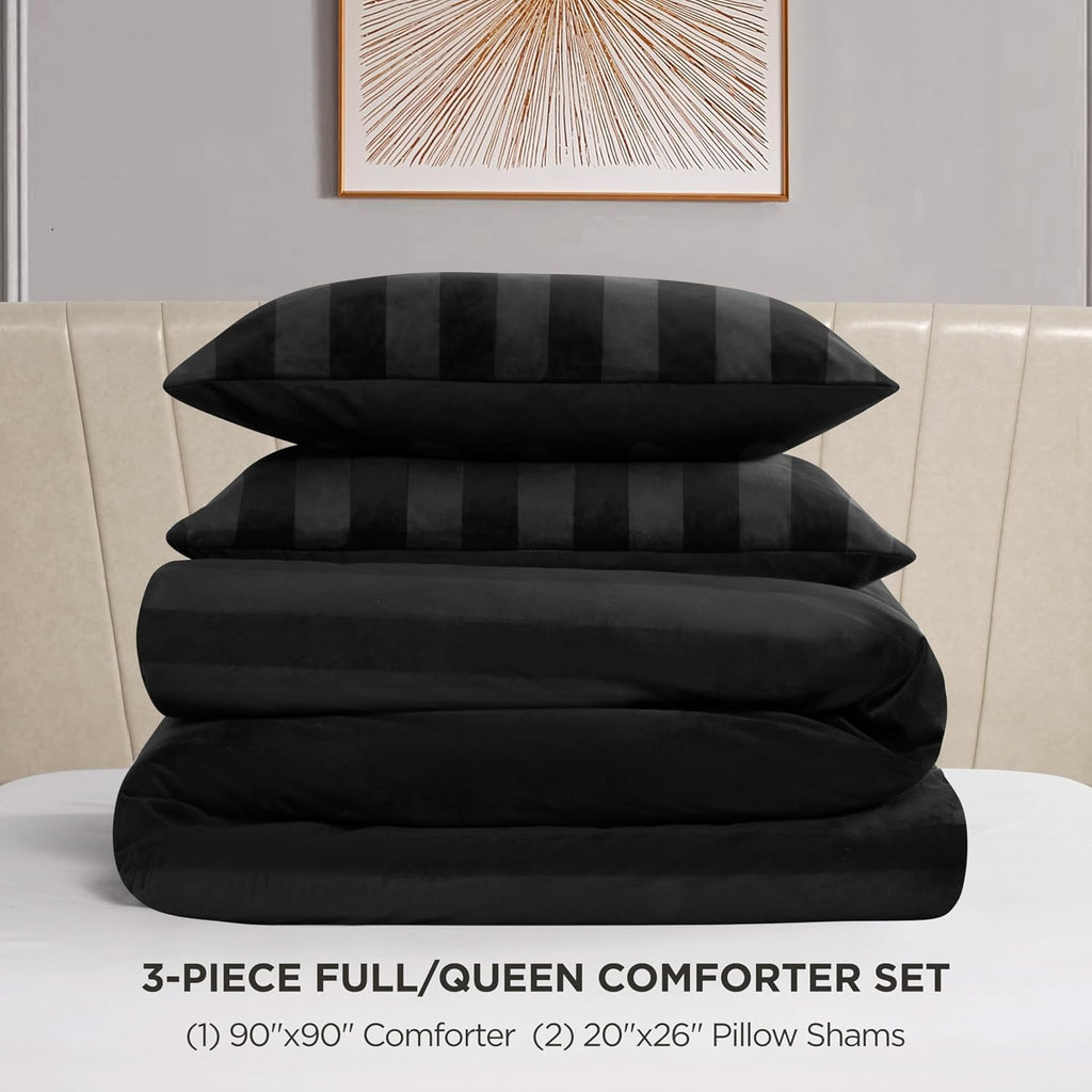 Juicy Couture Jenny Velour Striped Jacquard Queen/Full Size Comforter Bedding Set Ensemble - Black 3 Piece Set