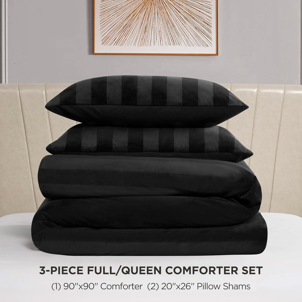 Juicy Couture Jenny Velour Striped Jacquard Queen/Full Size Comforter Bedding Set Ensemble - Black 3 Piece Set