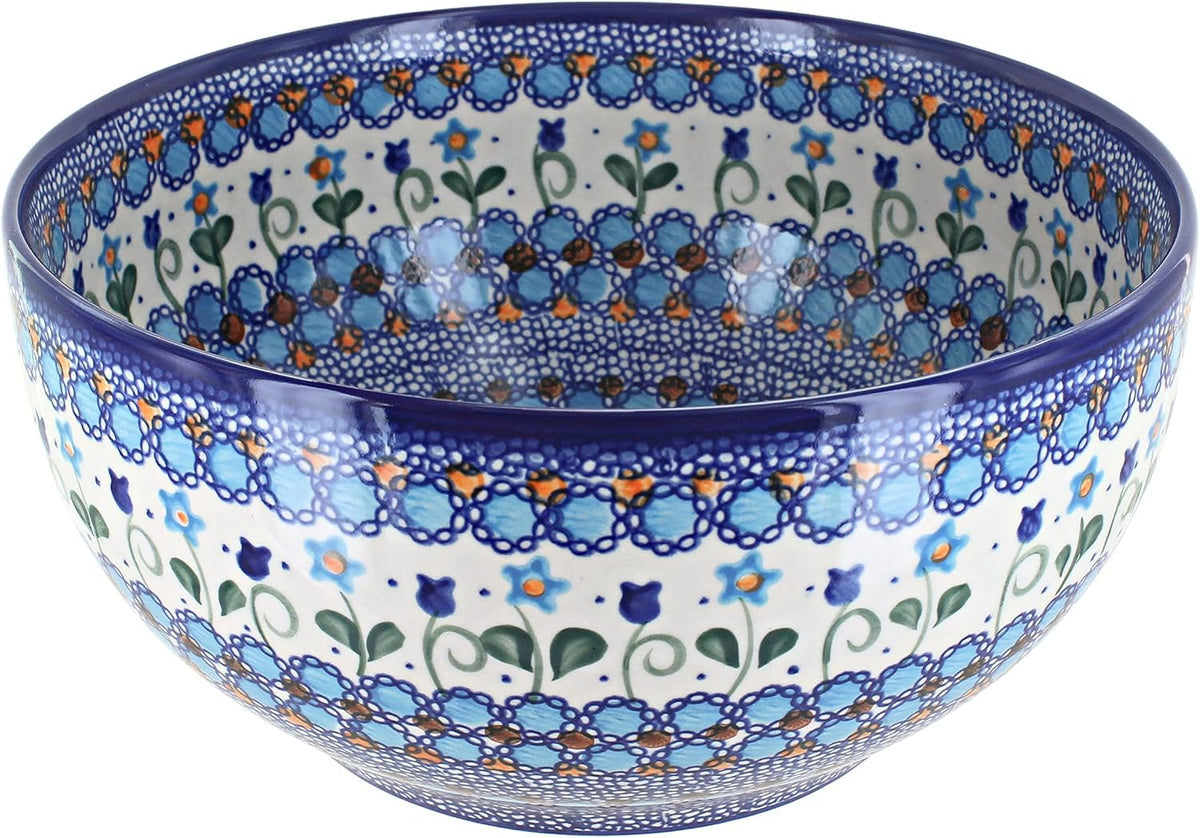 Blue Rose Polish Pottery - Blue Savannah Large Mixing Bowl - 10 Cup Capacity - Polish Pottery Ceramic Bowl for Baking, Mixing & Serving