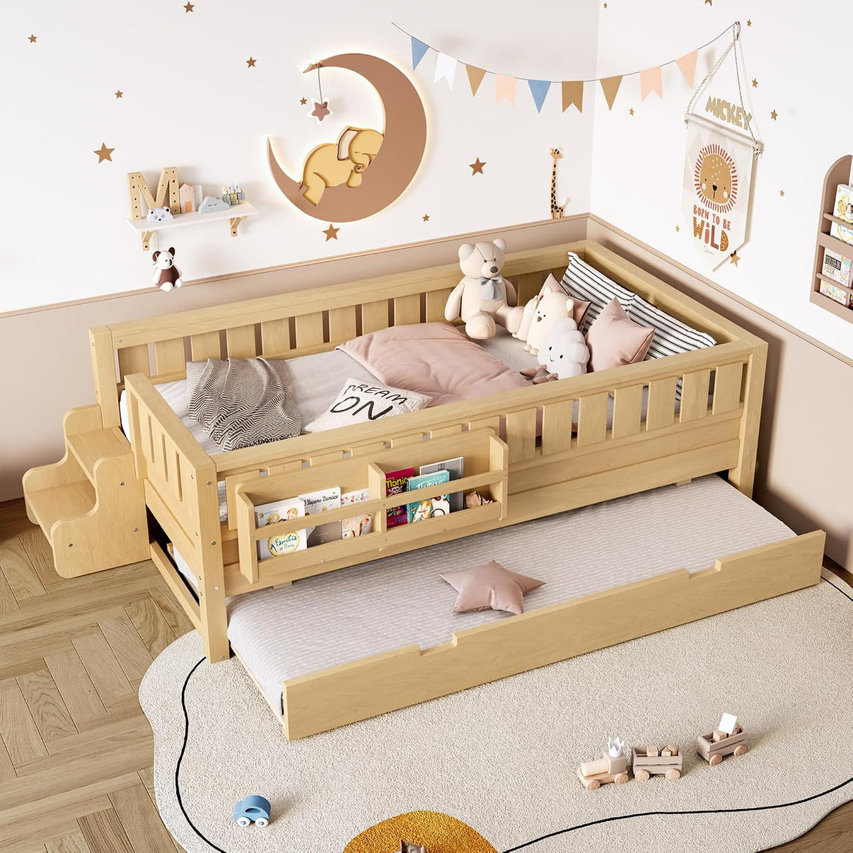 Bellemave Twin Bed with Trundle Twin and Stairs, Twin Size Platform Bed Frame with Fence and Bookshelf, Easy Assemble Beds for Kids, Girls, Boys, Light Natural