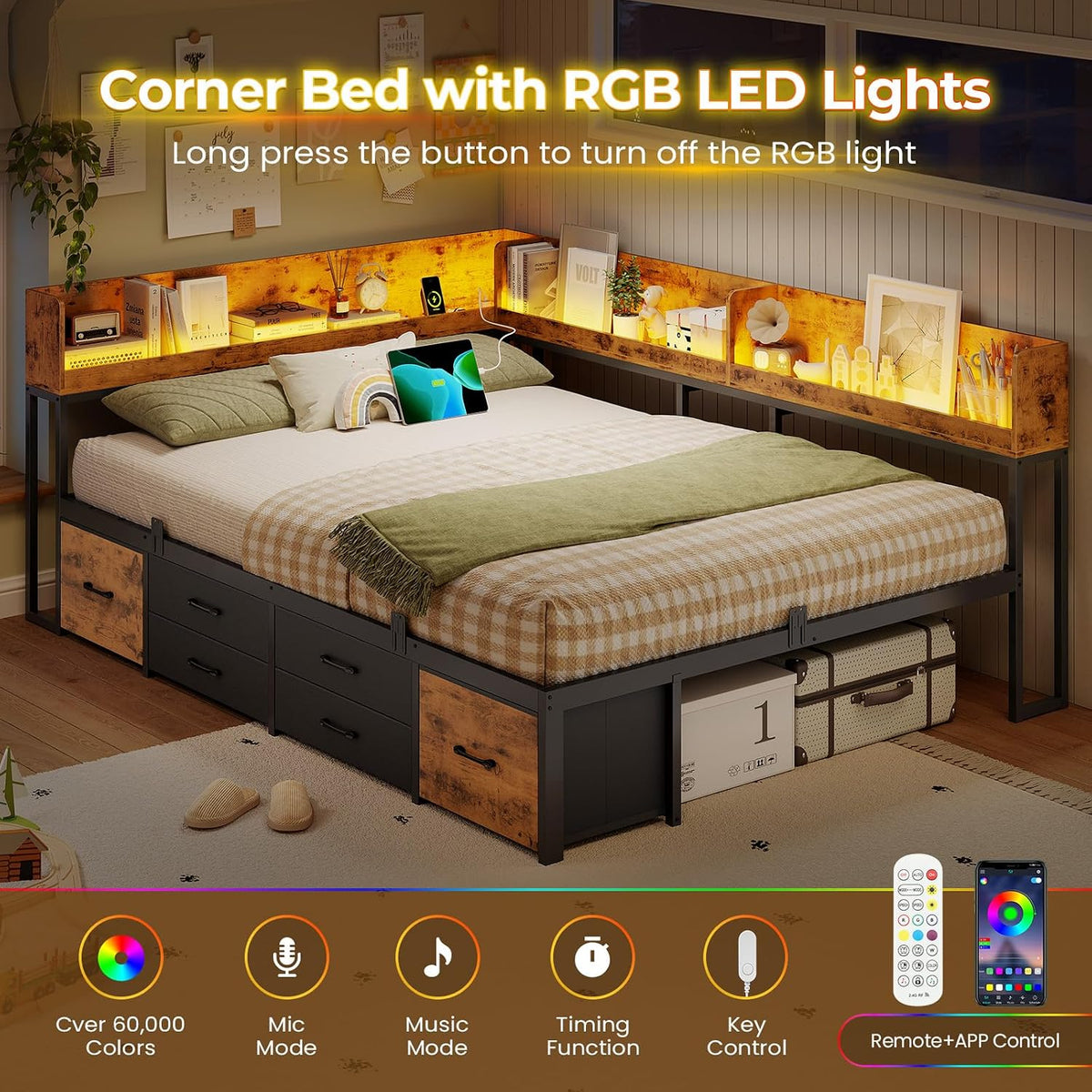 VIAGDO Corner Bed Frame Full with Storage Bookcase and 6 Drawers, Metal Platform Corner Bed Frame with LED Lights and Charging Station, Full Daybed for Kids Teenagers, Rustic Brown & Black