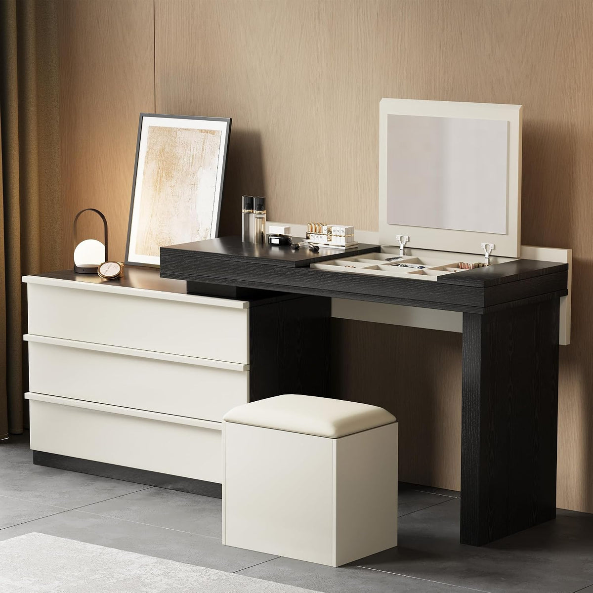 gaoyaangjiaju Mid Century Modern Makeup Vanity Desk, 47'-70' Extendable Makeup Desk with Mirror, Jewelry Organizer, Three Drawers and Matching Stool,Black & Beige