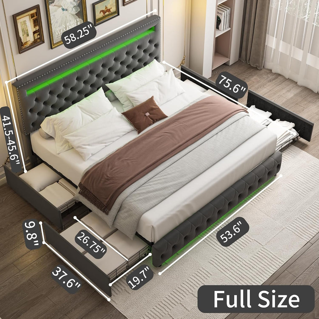 Full LED Bed Frame with 4 Drawers, Platform Bed with Headboard, Adjustable Upholstered Diamond Headboard and Frame, No Box Spring Needed, Wooden Slats Support, Velvet Gray