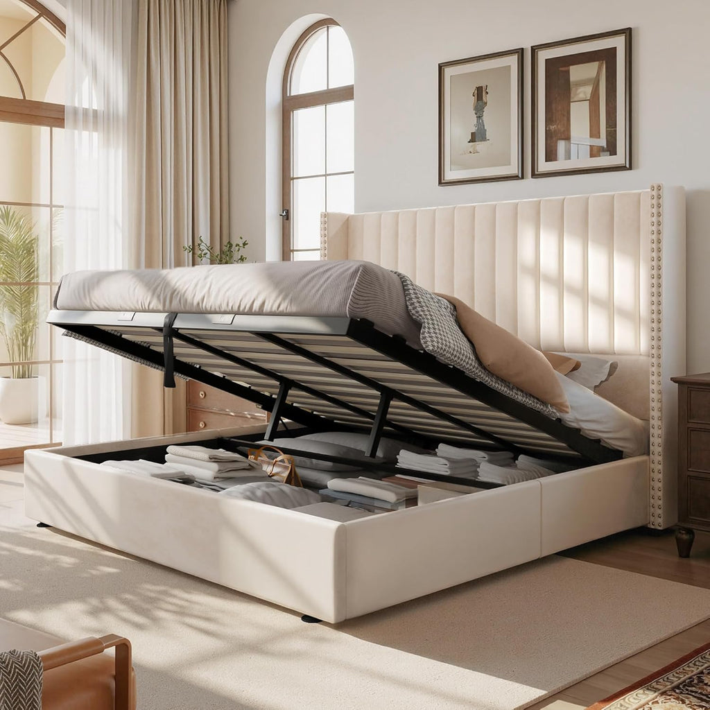 Jocisland Upholstered King Size Lift up Storage Bed Frame, Platform Bed Velvet with Channel Tufted Wingback Headboard, No Box Spring Needed, Cream