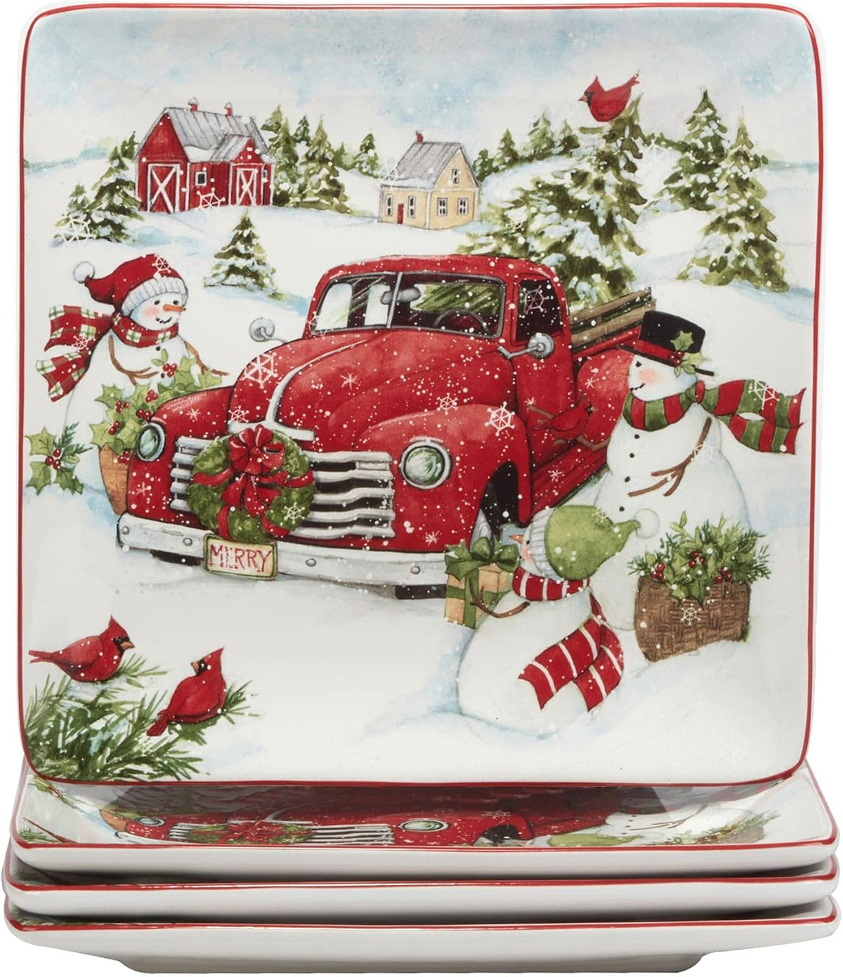 Red Truck Snowman 16 Pc Dinnerware Set Service for 4 Multi Color White Holiday Casual Modern Contemporary Square Piece Dishwasher Safe Microwave
