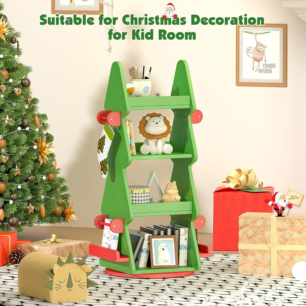 HedoAjim 4-Tier 360° Rotating Kids Bookshelf, Wooden Christmas Tree Bookcase Toy Storage Organizer for Boys & Girls, Nursery, Playroom, Bedroom