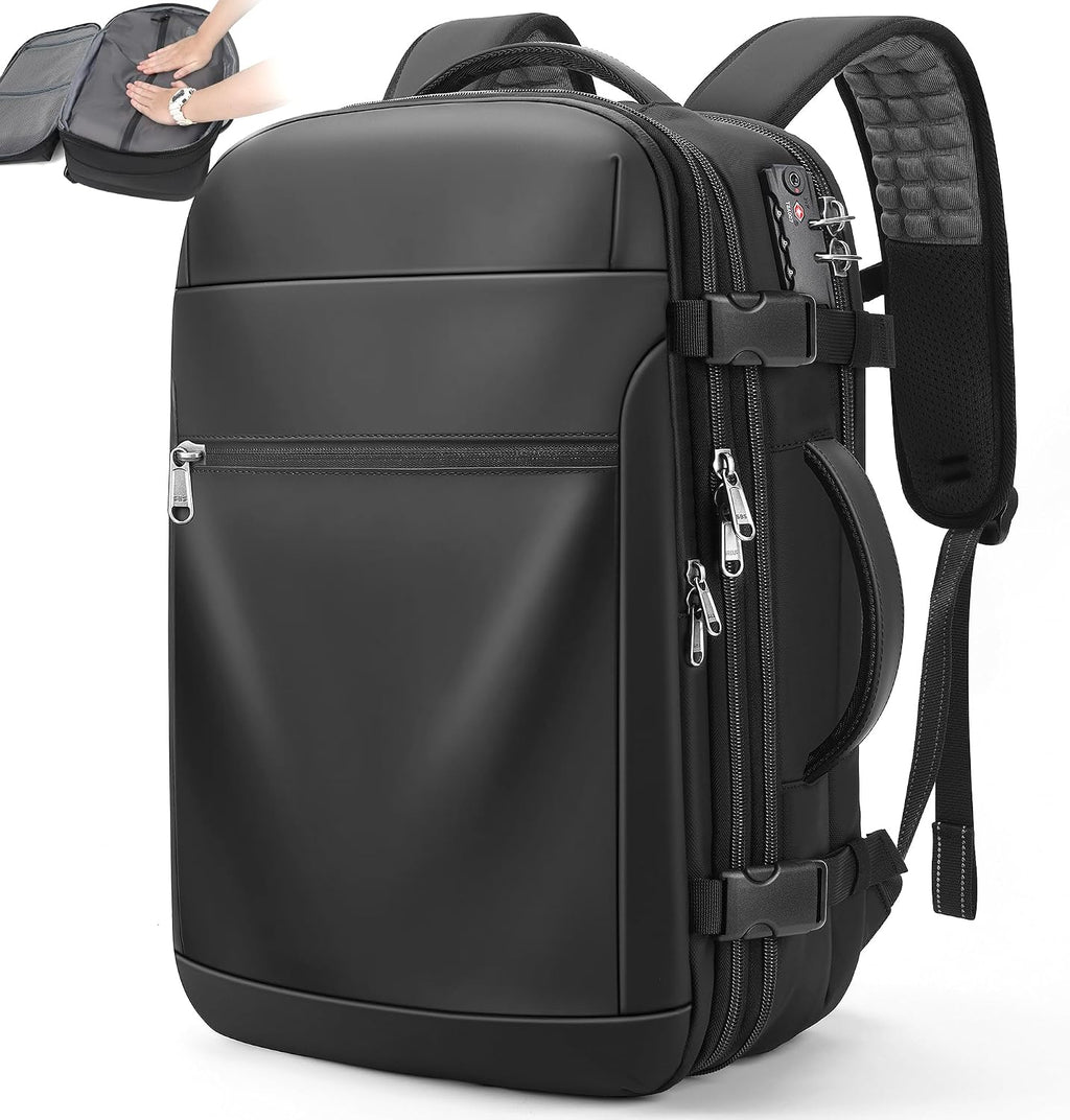 POSO Vacuum Backpack Travel – Expandable Compression Carry On Backpack with Vacuum Pump, Water-Resistant TSA Lock Travel Bag, 17' Laptop Backpack for Men Women, Business Airplane Flight Luggage