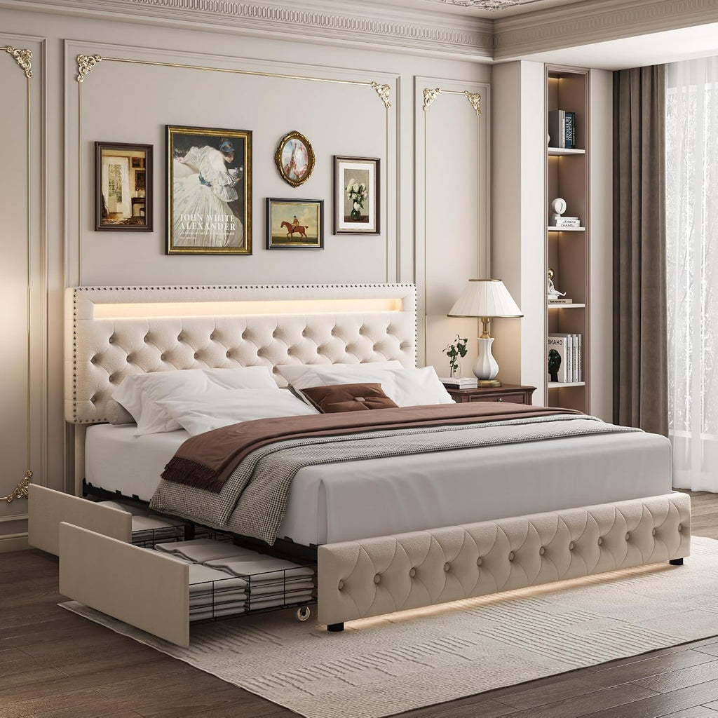 King LED Bed Frame with 4 Drawers, Platform Bed with Headboard, Adjustable Upholstered Diamond Headboard and Frame, No Box Spring Needed, Wooden Slats Support,Velvet Cream