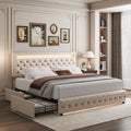 King LED Bed Frame with 4 Drawers, Platform Bed with Headboard, Adjustable Upholstered Diamond Headboard and Frame, No Box Spring Needed, Wooden Slats Support,Velvet Cream