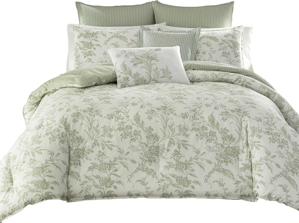 Laura Ashley - Queen Size Bonus Comforter Set, Reversible Cotton Bedding, Includes Matching Shams with Bonus Euro Shams & Throw Pillows (Natalie Green)