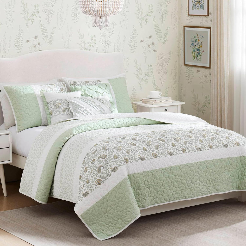 Madison Park King Quilt Set Cotton Coverlet Set with Cotton Filling for King Size Bed, All Season, Lightweight King Cotton Quilt Include Shams, & Décor Pillows, Dawn, King/Cal King Sage Green 6 Piece