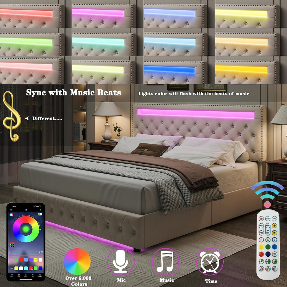 King LED Bed Frame with 4 Drawers, Platform Bed with Headboard, Adjustable Upholstered Diamond Headboard and Frame, No Box Spring Needed, Wooden Slats Support,Velvet Cream