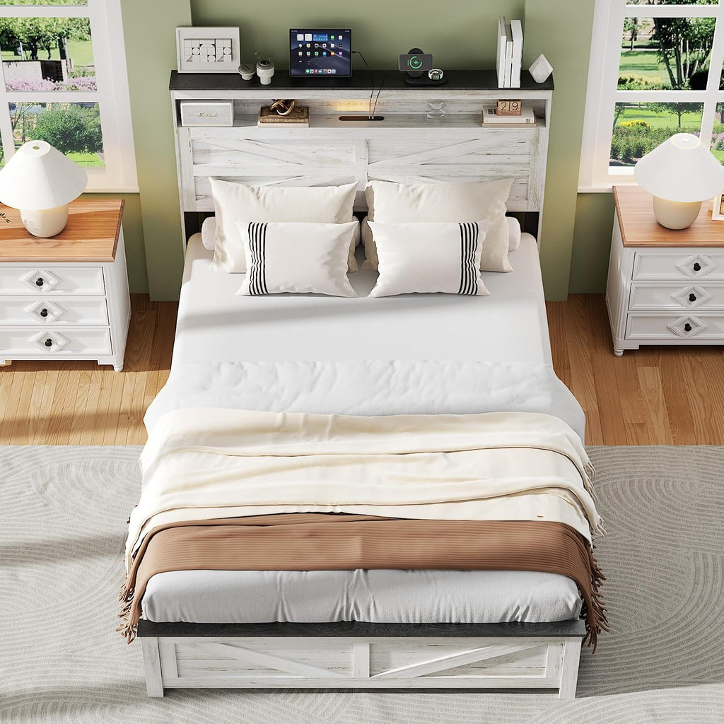 Farmhouse Full Size Bed Frame with Headboard Storage, Wood Platform Bed Frame with LED Lights & Charging Station, No Box Spring Needed, Noise-Free Sturdy Structure, Rustic White