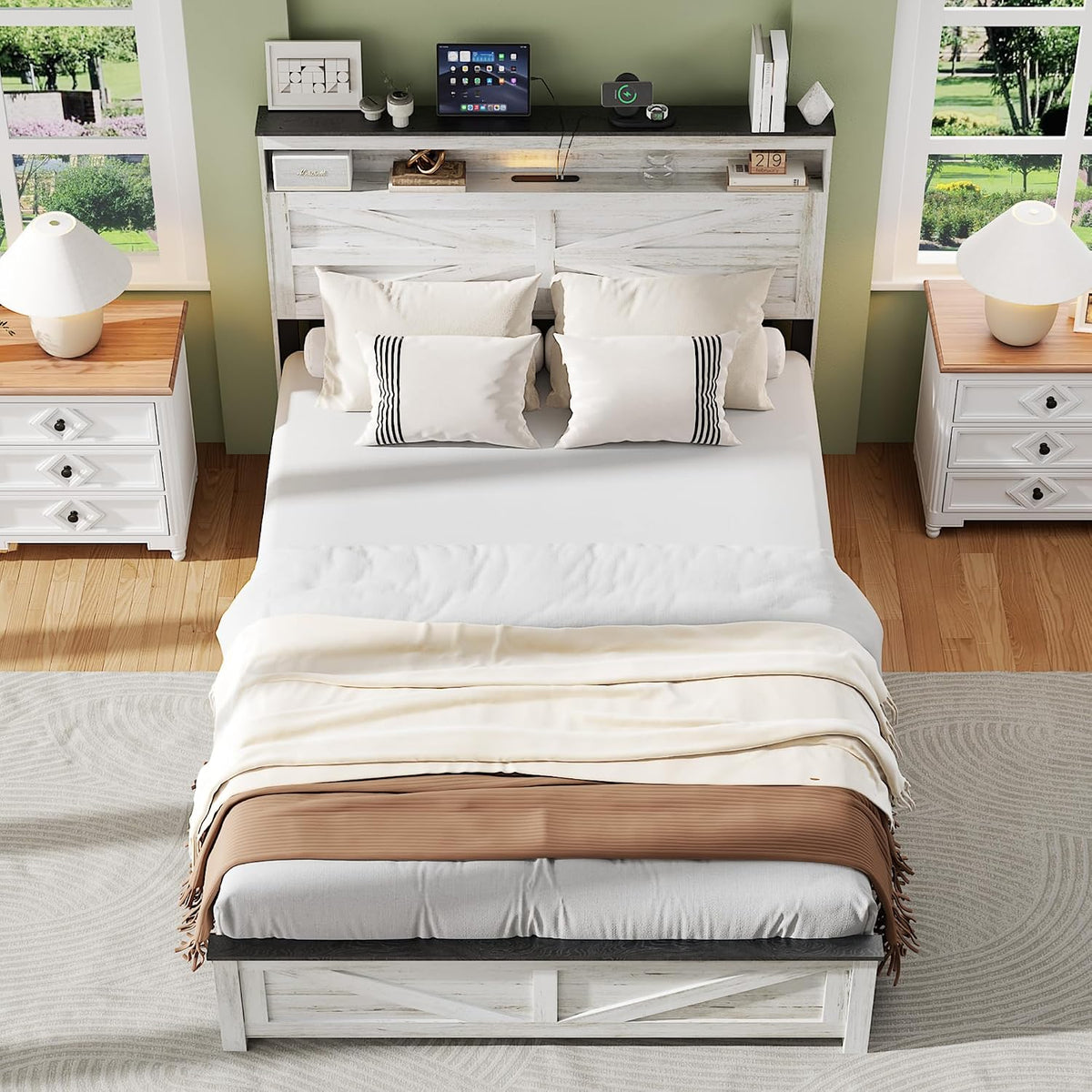 Farmhouse Full Size Bed Frame with Headboard Storage, Wood Platform Bed Frame with LED Lights & Charging Station, No Box Spring Needed, Noise-Free Sturdy Structure, Rustic White
