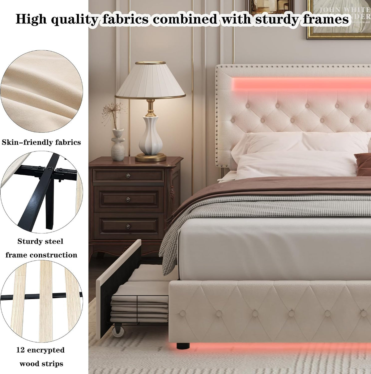 King LED Bed Frame with 4 Drawers, Platform Bed with Headboard, Adjustable Upholstered Diamond Headboard and Frame, No Box Spring Needed, Wooden Slats Support,Velvet Cream