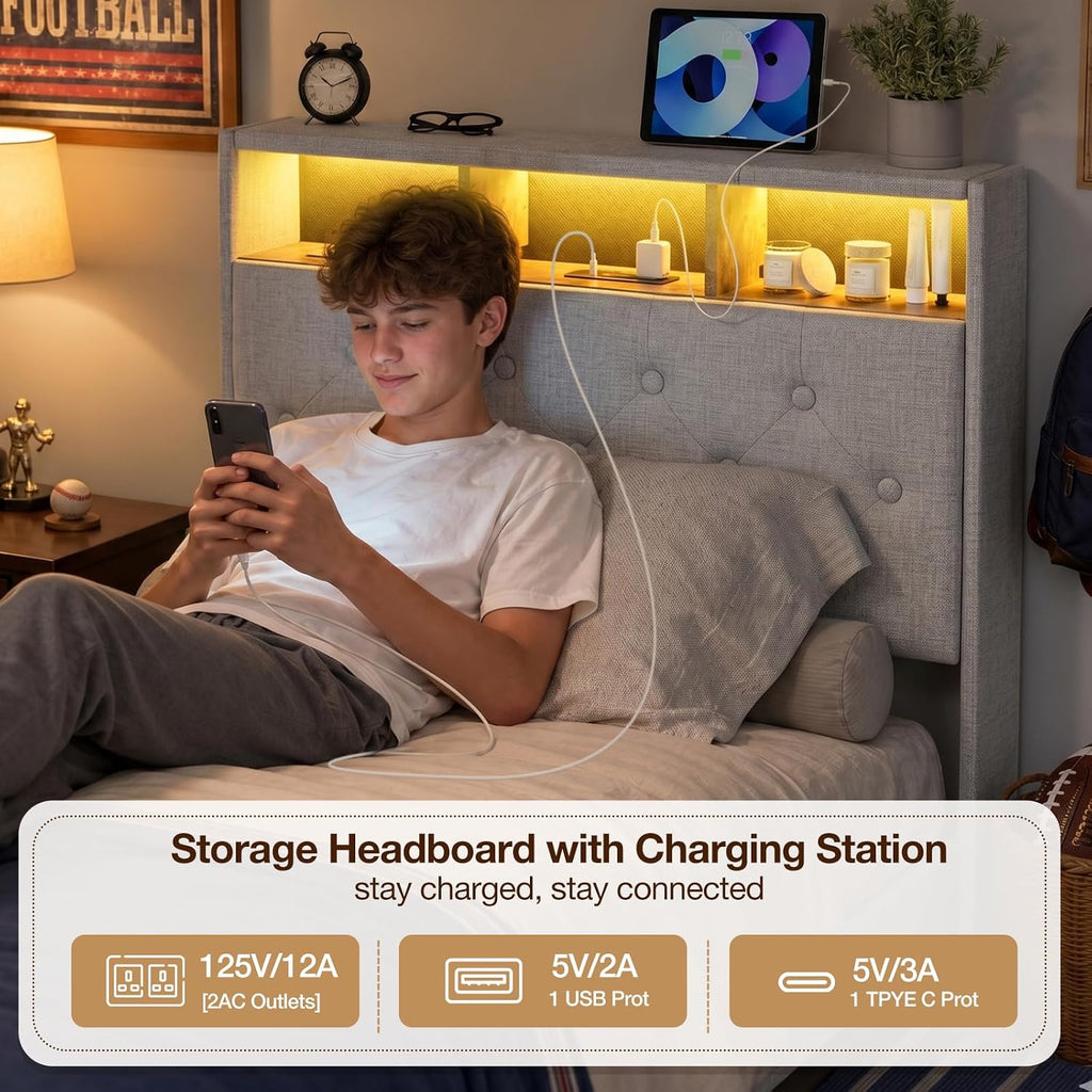 IKIFLY Twin XL Bed Frames with Hidden Storage Headboard & Drawers, Upholstered Twin XL Platform Bed with LED Lights & Charging Station, Solid and Stable, Noise Free, No Box Spring Needed, Light Grey