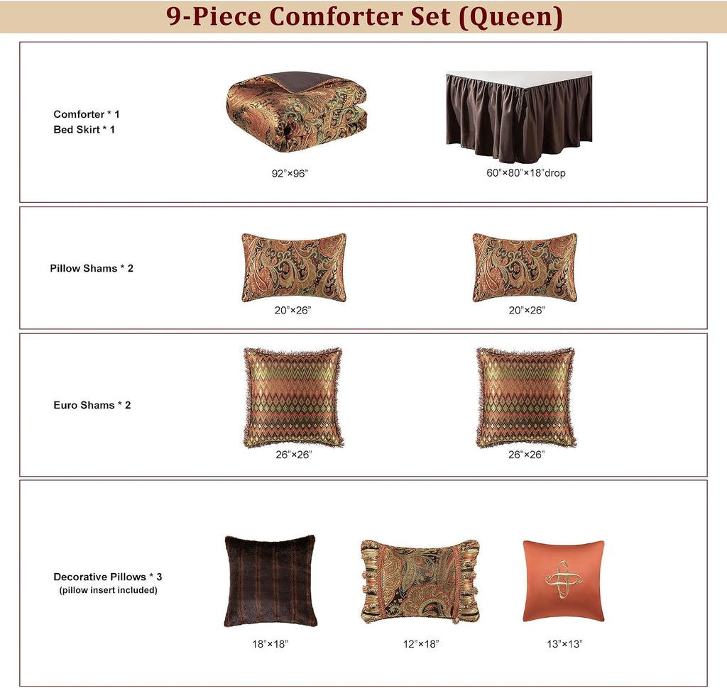 Loom and Mill 9-Piece Jacquard Comforter Sets Queen, Classic Paisley Design Bed in a Bag, Luxury Vintage Damask Bedding Set with Euro Shams, Bedskirt, Filled Decorative Pillow for Home(Queen)