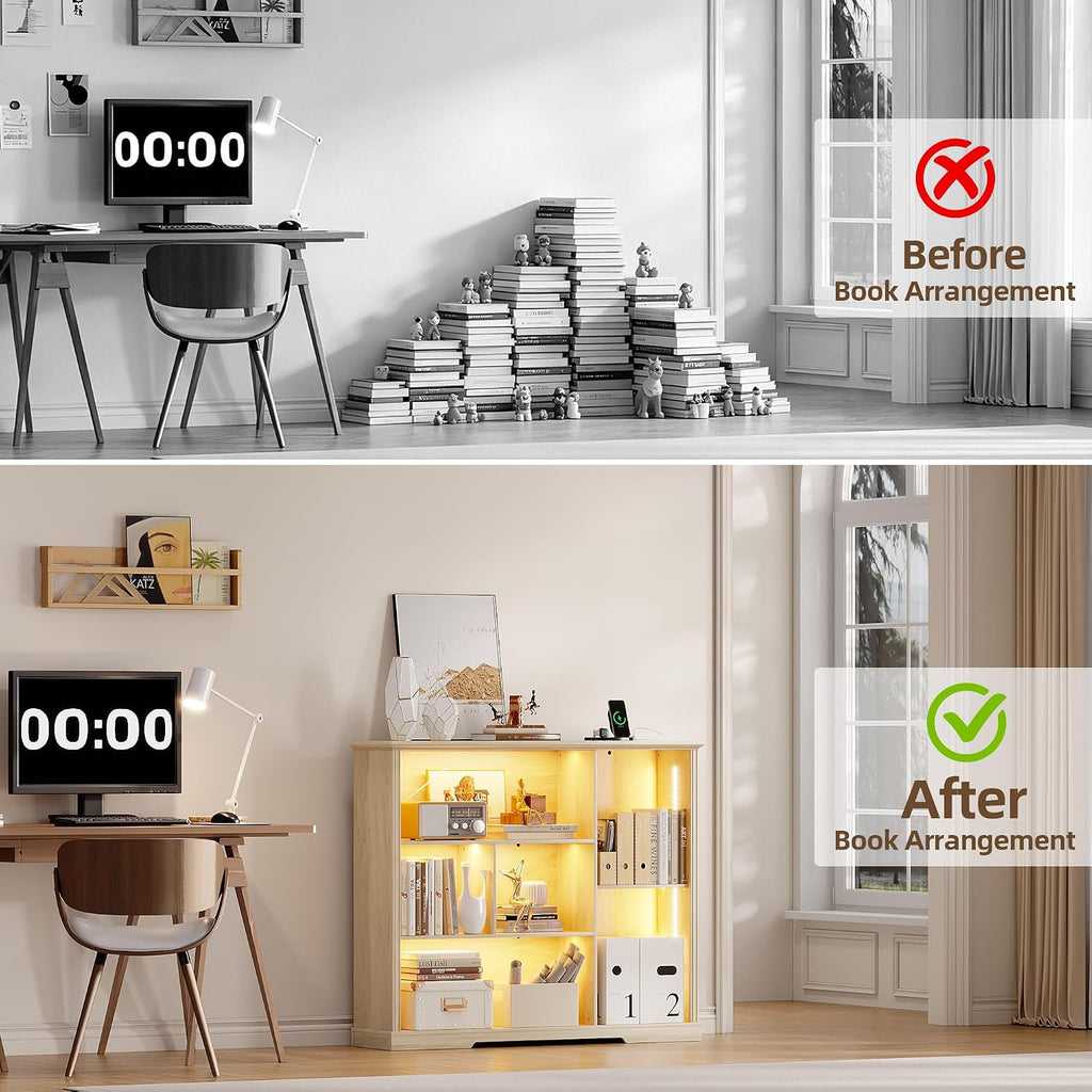3-Tier LED Bookshelf with Lights - Motion Sensor Bookcase - USB Charging Module - Adjustable Display Shelf for Bedroom Living Room Apartment Home Office - 47.24 W x 40 H - Natural Wood