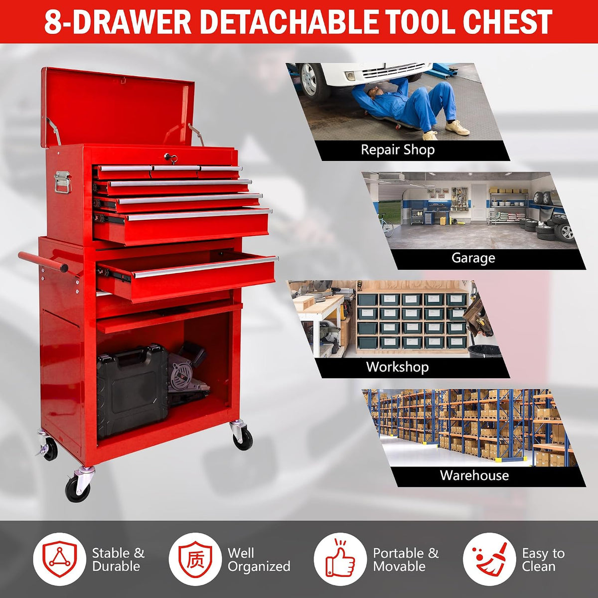 8-Drawer Tool Chest,Rolling Tool Box with Detachable Top Toolbox & Key Lock,Tool Cabinet with Universal Lockable Wheels,Lock Bar,Protective Liner,Metal Storage Cart for Garage,Workshop (Red)