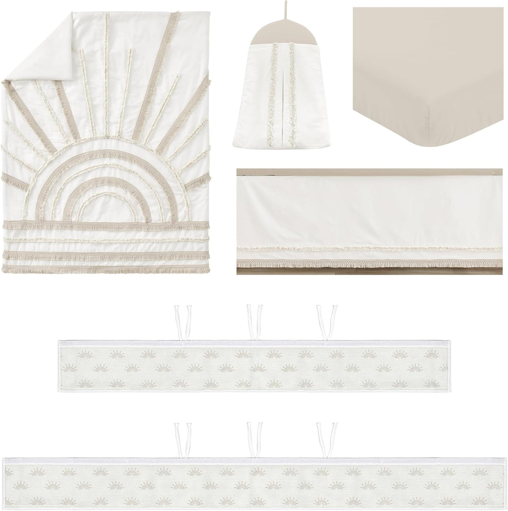 Sweet Jojo Designs Ivory Boho Chic Sun Boy Girl Gender Neutral Baby Crib Bedding Set Infant Nursery Room BreathableBaby Breathable Mesh Crib Liner 6p Off White Cotton Bohemian Farmhouse Shabby Tufted