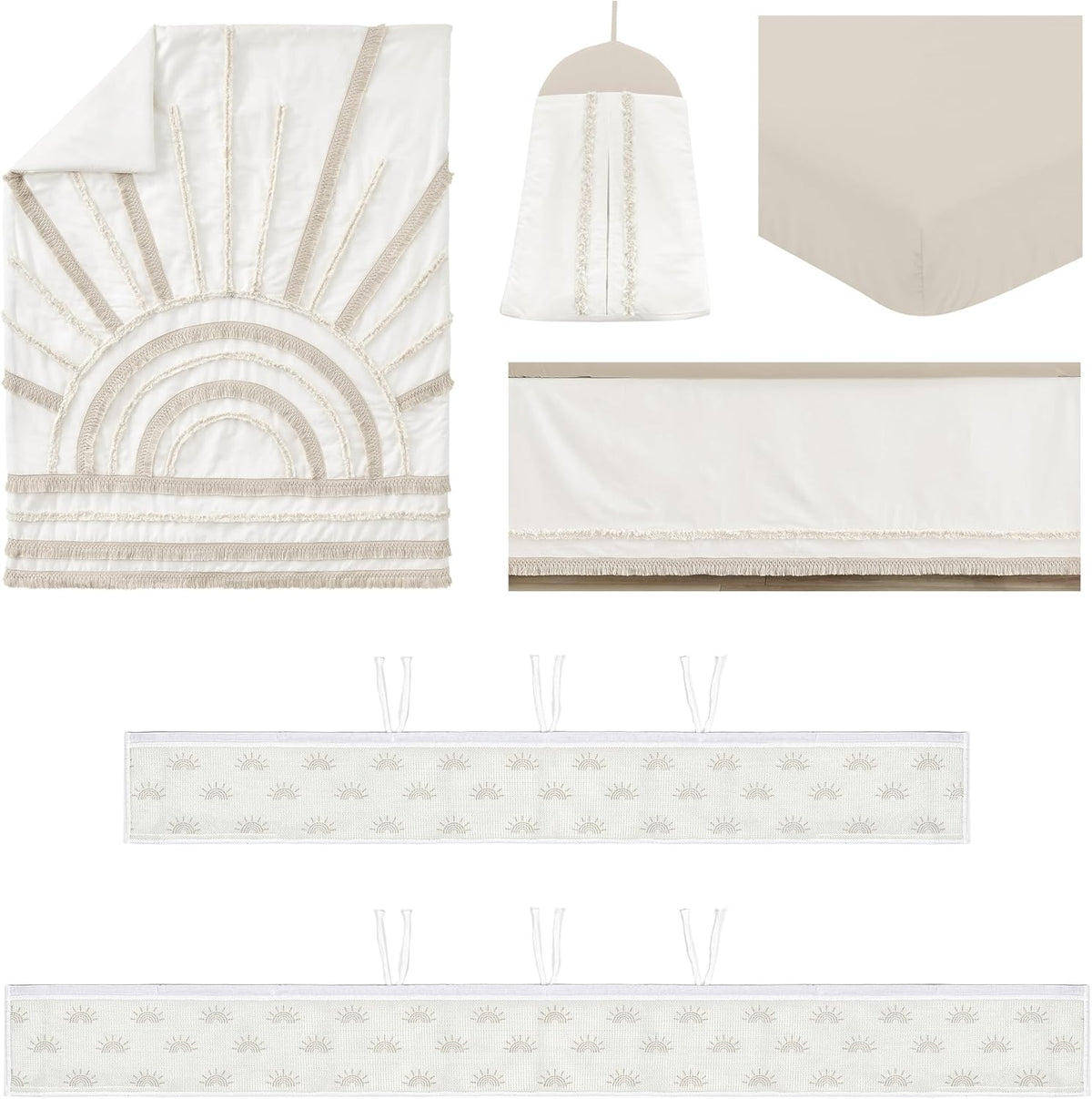 Sweet Jojo Designs Ivory Boho Chic Sun Boy Girl Gender Neutral Baby Crib Bedding Set Infant Nursery Room BreathableBaby Breathable Mesh Crib Liner 6p Off White Cotton Bohemian Farmhouse Shabby Tufted