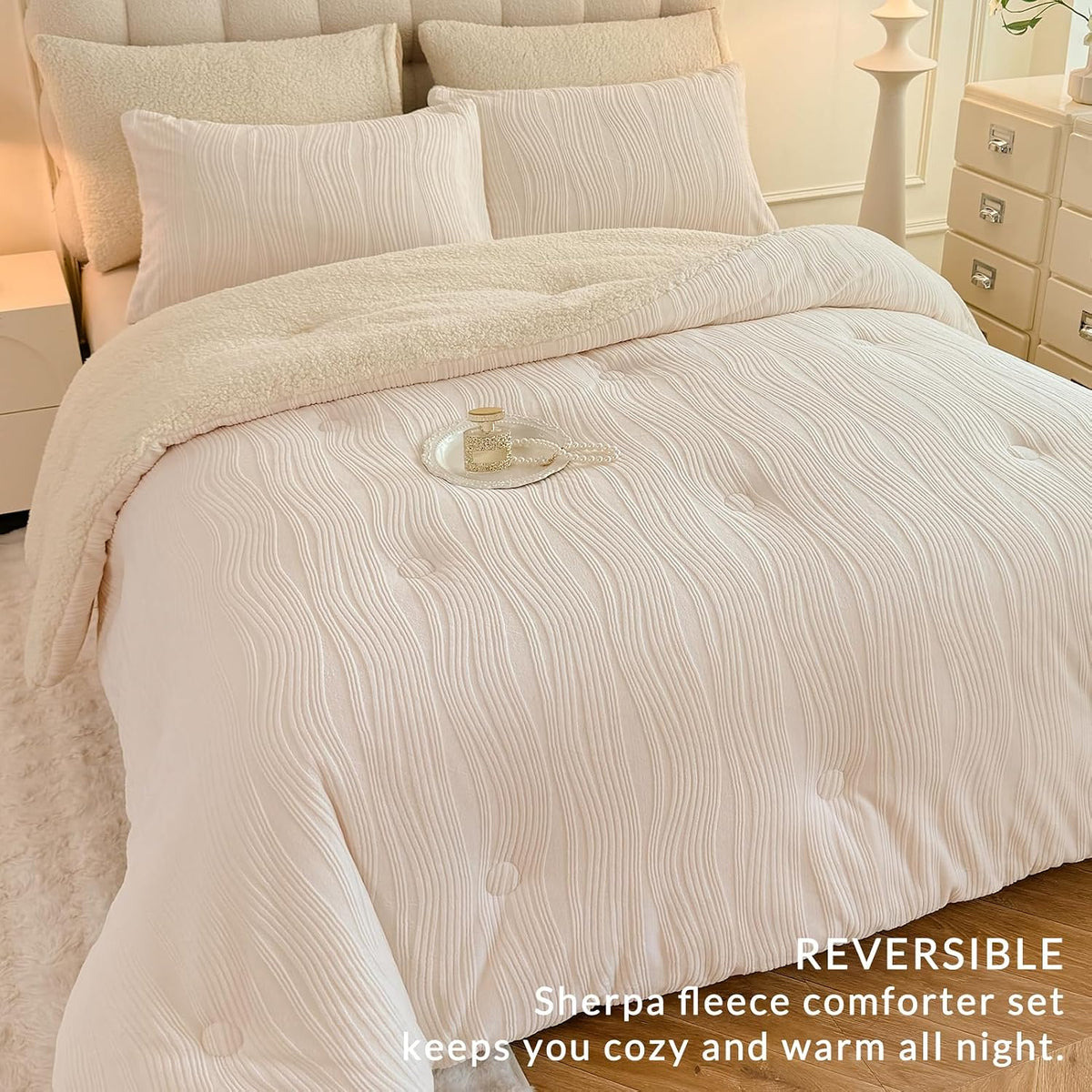 tohrisa 3D Striped Jacquard Sherpa Comforter Set King Size, Geometric Pattern Boho Quilt Bedding 3 Pieces Warm Cozy Fuzzy Comforter with 2 Pillowcases(104'X90' Ivory White)