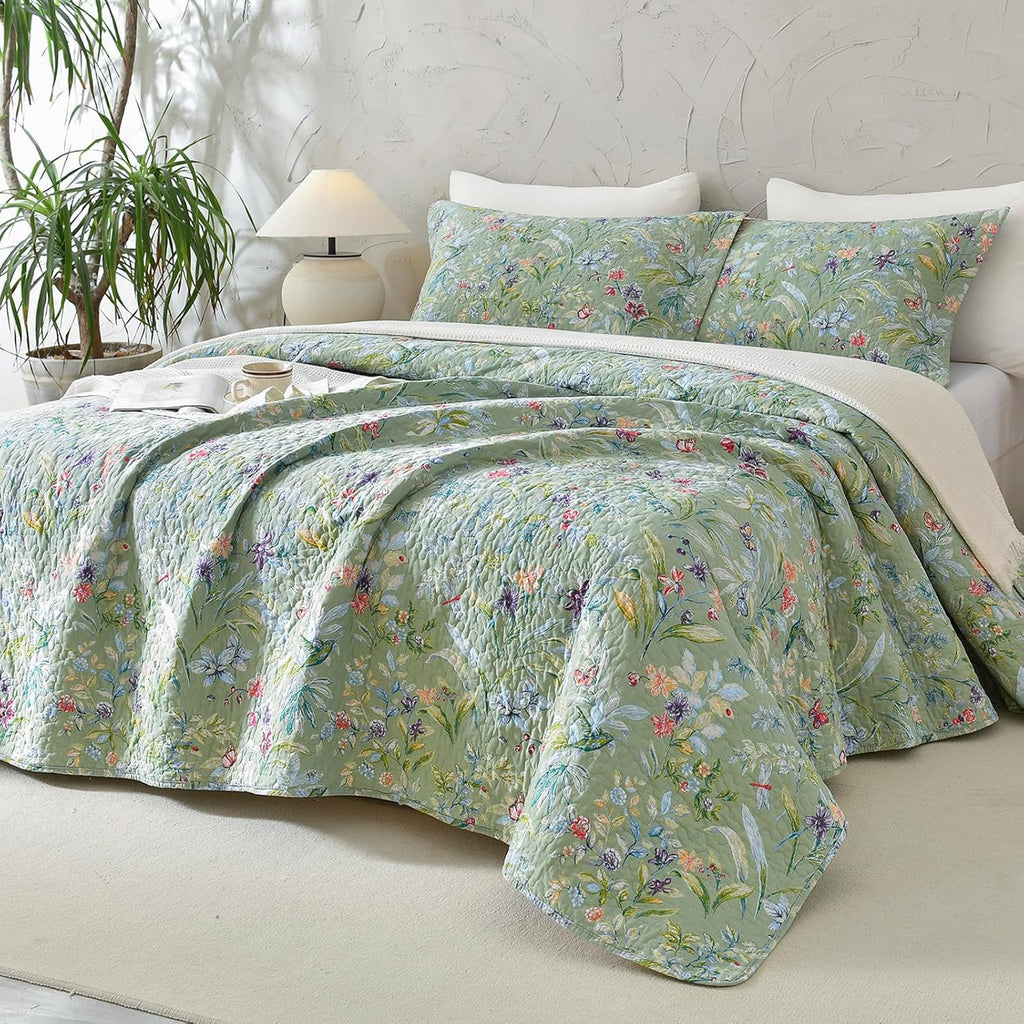 Lady Ann 100% Cotton Floral Cal King Quilt Set - Green Flower Bird Butterfly Pattern Print Quilted 118x106 Bedspread & Coverlet Set, 3 PCS Lightweight Extra Soft King Bedding Sets All Season