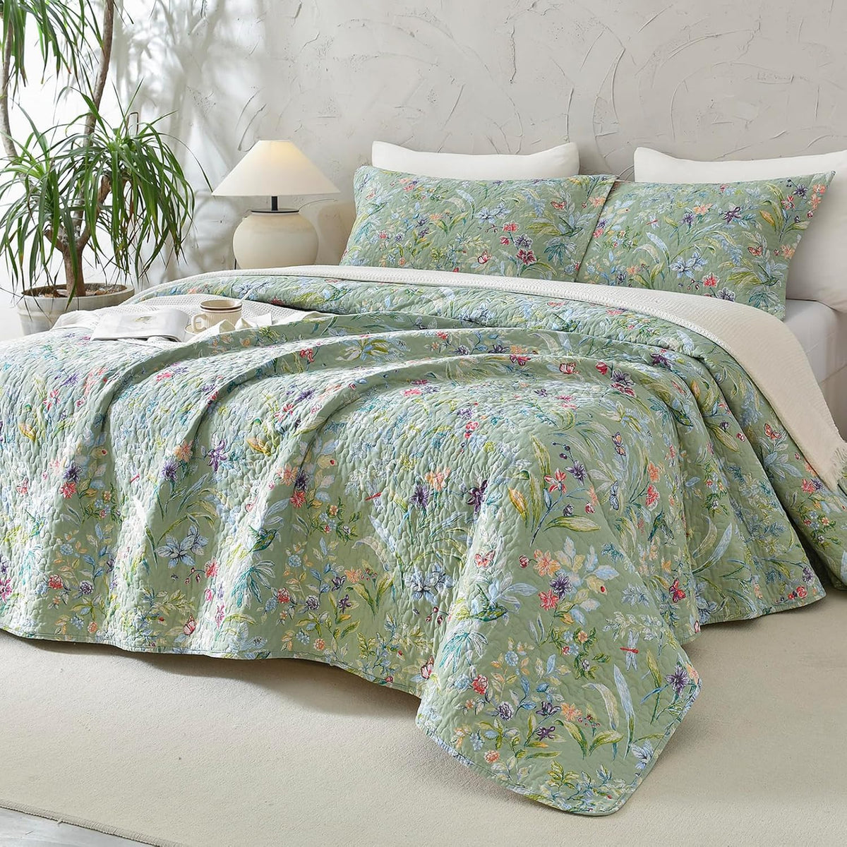 Lady Ann 100% Cotton Floral Cal King Quilt Set - Green Flower Bird Butterfly Pattern Print Quilted 118x106 Bedspread & Coverlet Set, 3 PCS Lightweight Extra Soft King Bedding Sets All Season