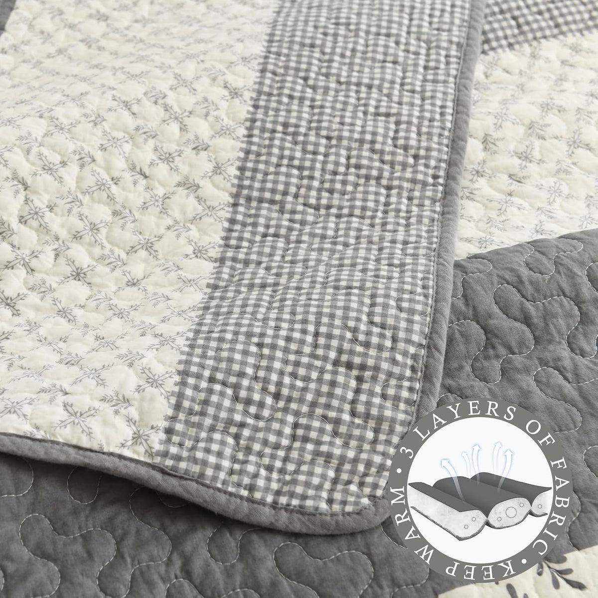 Stripe Quilts Queen Size - 100% Cotton Lightweight Quilt Bedding Set 3 Pieces, Vintage Vine Pattern Quilted Bedspread with 2 Pillow Shams, Farmhouse Printed Coverlet for All Season, Gray