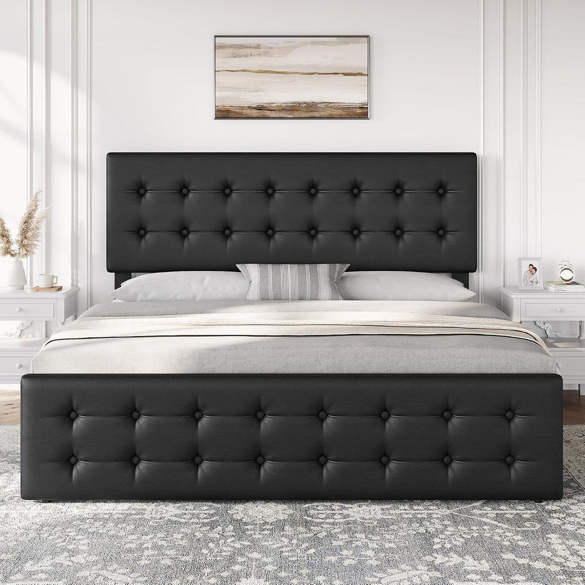 GarveeHome King Size Bed Frame with 4 Storage Drawers and Faux Leather Upholstered Headboard, Wooden Slats Support, Button Tufted Design, No Box Spring Needed, Black