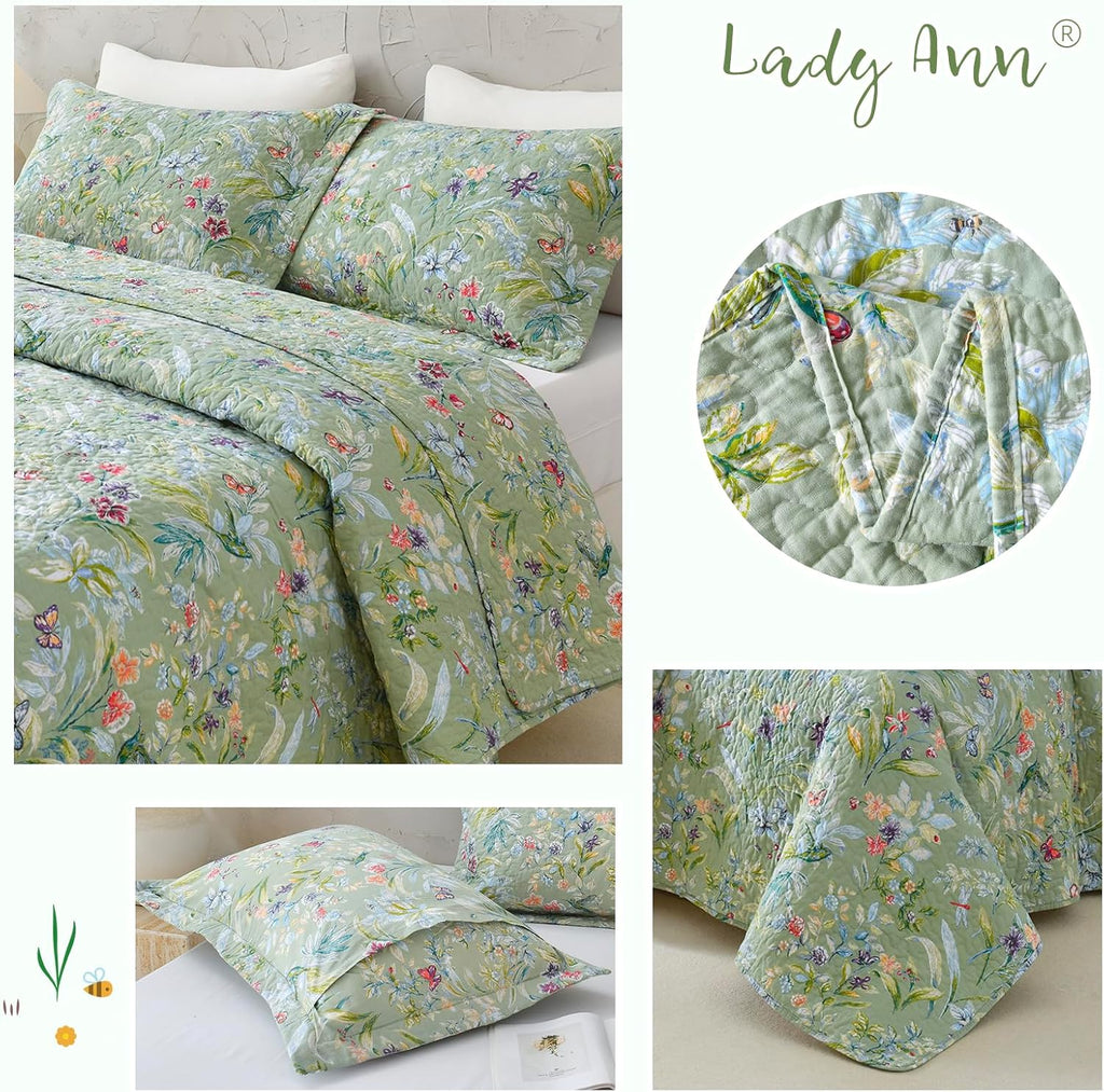 Lady Ann Oversized Cal King Bedspreads 120x120 for Extra Bed, Green Flower Bird Butterfly Print Botanical Bedding, Lightweight 100% Cotton Quilted Coverlet Set with Pillow Shams for All Season, 3 PCS