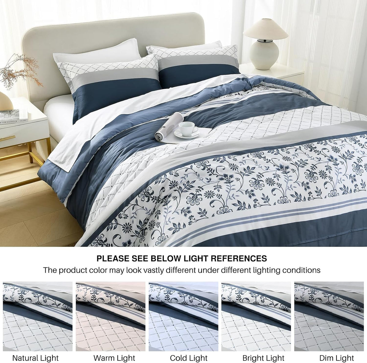 DDUOXIN Blue Queen Size Comforter Set - Boho Navy Striped Comforter Bedding Set, Floral Pattern Soft Duvet Insert, Reversible Skin Friendly Comforters with 2 Pillowshams, Blue/White