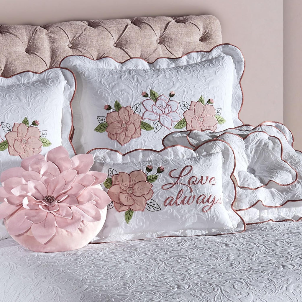 Lovington Floral Luxury Matelasse Bedding | Pink and White Velvet Flower Appliques | 7-Pc Textured Scroll Lightweight Bed Set: Oversized Cal King Coverlet, Bedskirt, 2 King Shams, & 3 Accent Pillows