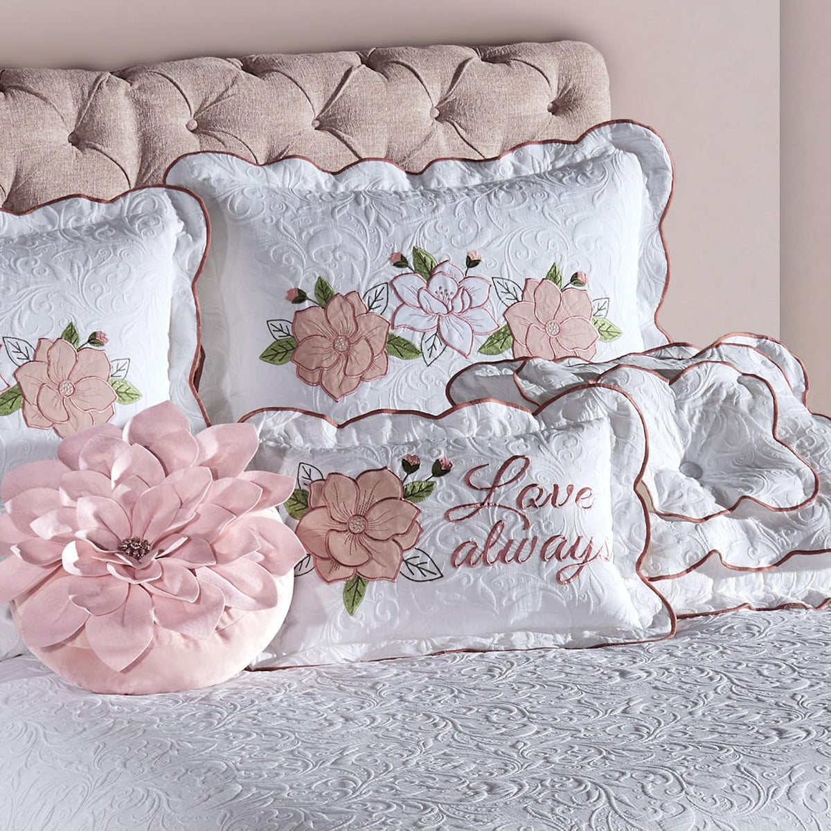Lovington Floral Luxury Matelasse Bedding | Rose Pink and White Velvet Flower Appliques | 7-Pc Textured Scroll Lightweight Bed Set: Oversized King Coverlet, Bedskirt, 2 King Shams, & 3 Accent Pillows