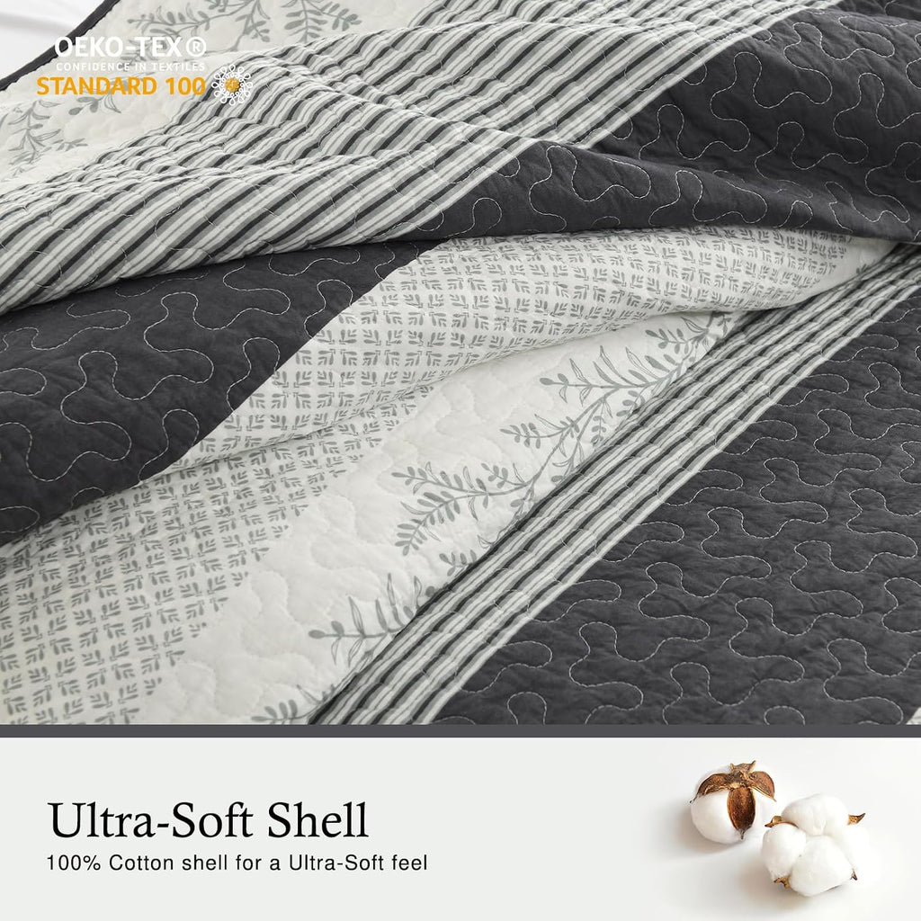 Stripe Quilts Queen Size - 100% Cotton Lightweight 3 Pieces Bedding Set, Vintage Vine Pattern Quilted Bedspread with 2 Pillow Shams, Farmhouse Printed Coverlet for All Season, Green/Gray