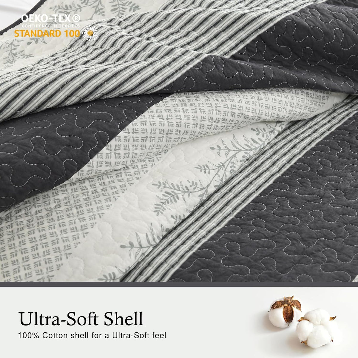 Stripe Quilts Queen Size - 100% Cotton Lightweight 3 Pieces Bedding Set, Vintage Vine Pattern Quilted Bedspread with 2 Pillow Shams, Farmhouse Printed Coverlet for All Season, Green/Gray