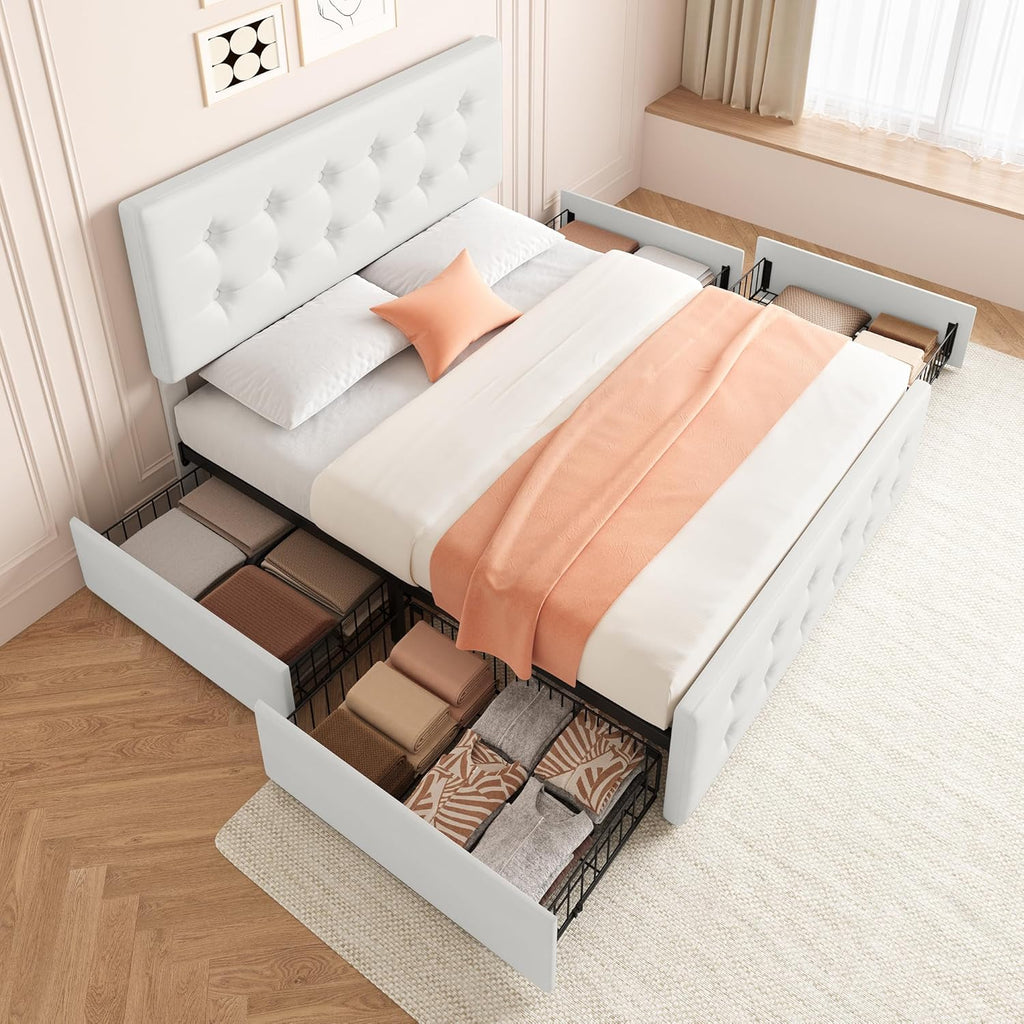 GarveeHome Full Size Bed Frame with 4 Storage Drawers and Headboard, Faux Leather Upholstered Platform Bed Frame with Wooden Slats Support, Button Tufted Design, No Box Spring Needed, Beige