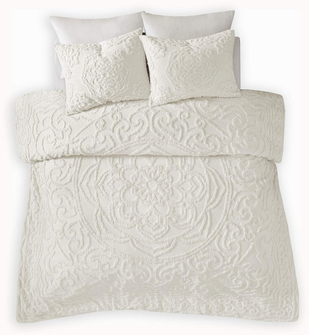 Madison Park Laetitia Comforter Bohemian Tufted Cotton Chenille, Medallion Shabby Chic All Season Down Alternative Bed Set with Matching Shams, Floral Off White Full/Queen(90'x90') 3 Piece