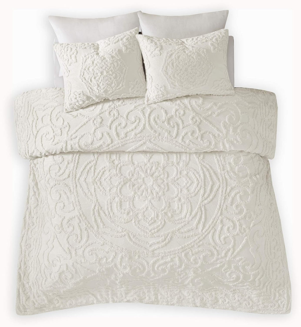 Madison Park Laetitia Comforter Bohemian Tufted Cotton Chenille, Medallion Shabby Chic All Season Down Alternative Bed Set with Matching Shams, Floral Off White Full/Queen(90'x90') 3 Piece