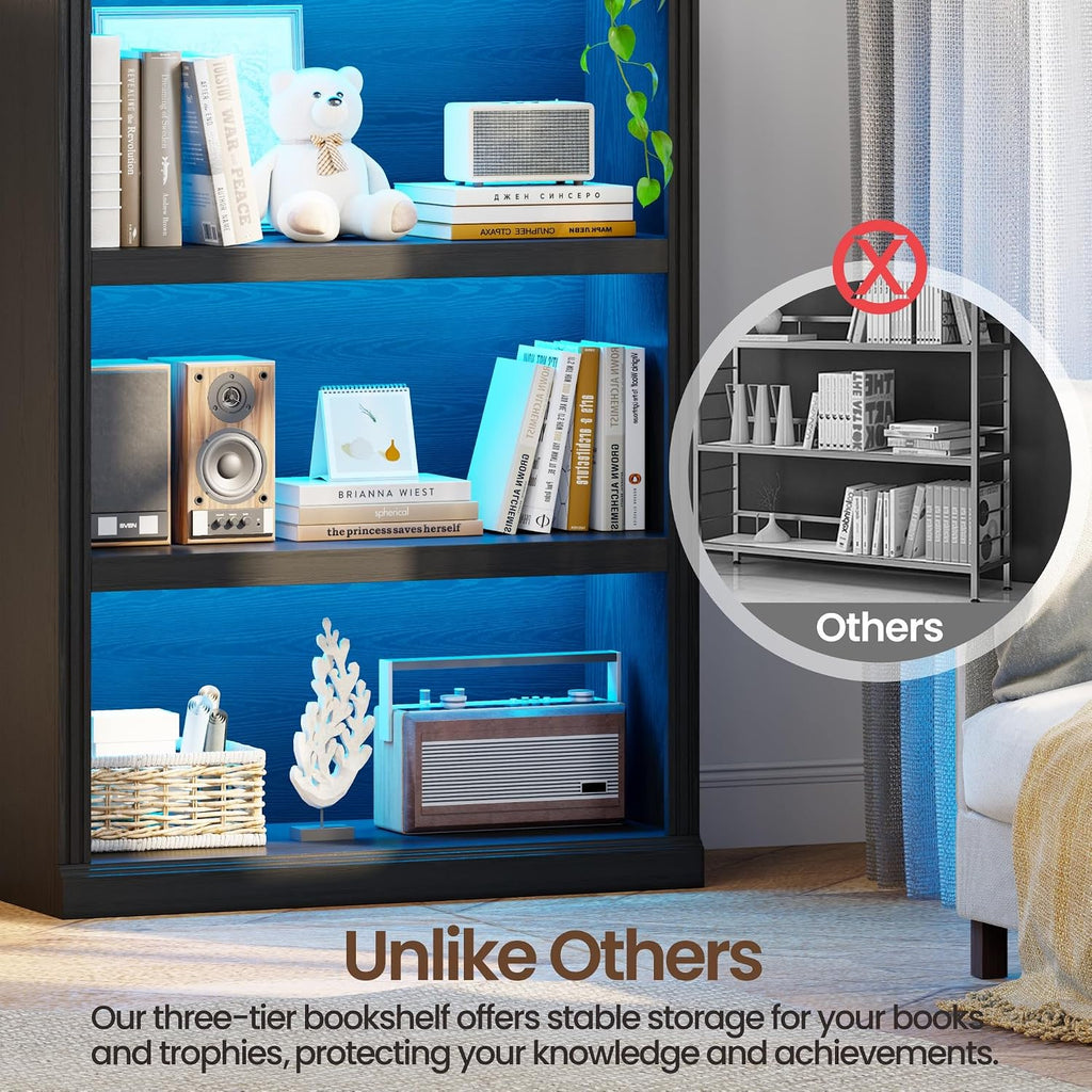 3-Tier LED Bookshelf with Motion Sensor Lights - USB Charging Module - Adjustable Modular Display Shelf 31.5 W x 43.3 H for Bedroom Living Room Home Office Gaming Room - Black