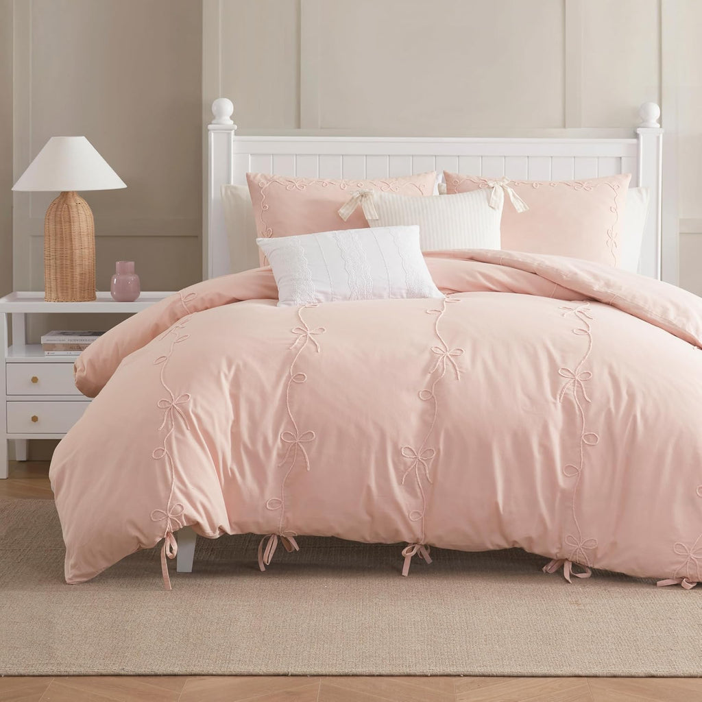 Peri Home Bows Duvet Cover Set 100% Cotton 3-Piece Bedding, King, Blush Pink Sasha Bows