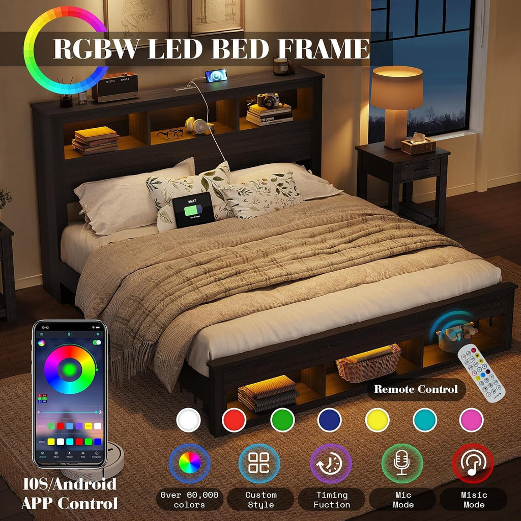 Albott Farmhouse Queen Size Bed Frame with Storage/Bookcase Headboard & Footboard, Wood Platform Bed with LED Lights/Charging Station, Heavy-Duty Metal Support/No Box Spring Needed/Noise-Free, Black