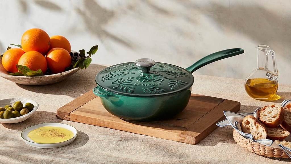 Le Creuset Olive Branch Collection Enameled Cast Iron Saucier, 2.25 qt., Indigo with Embossed Lid