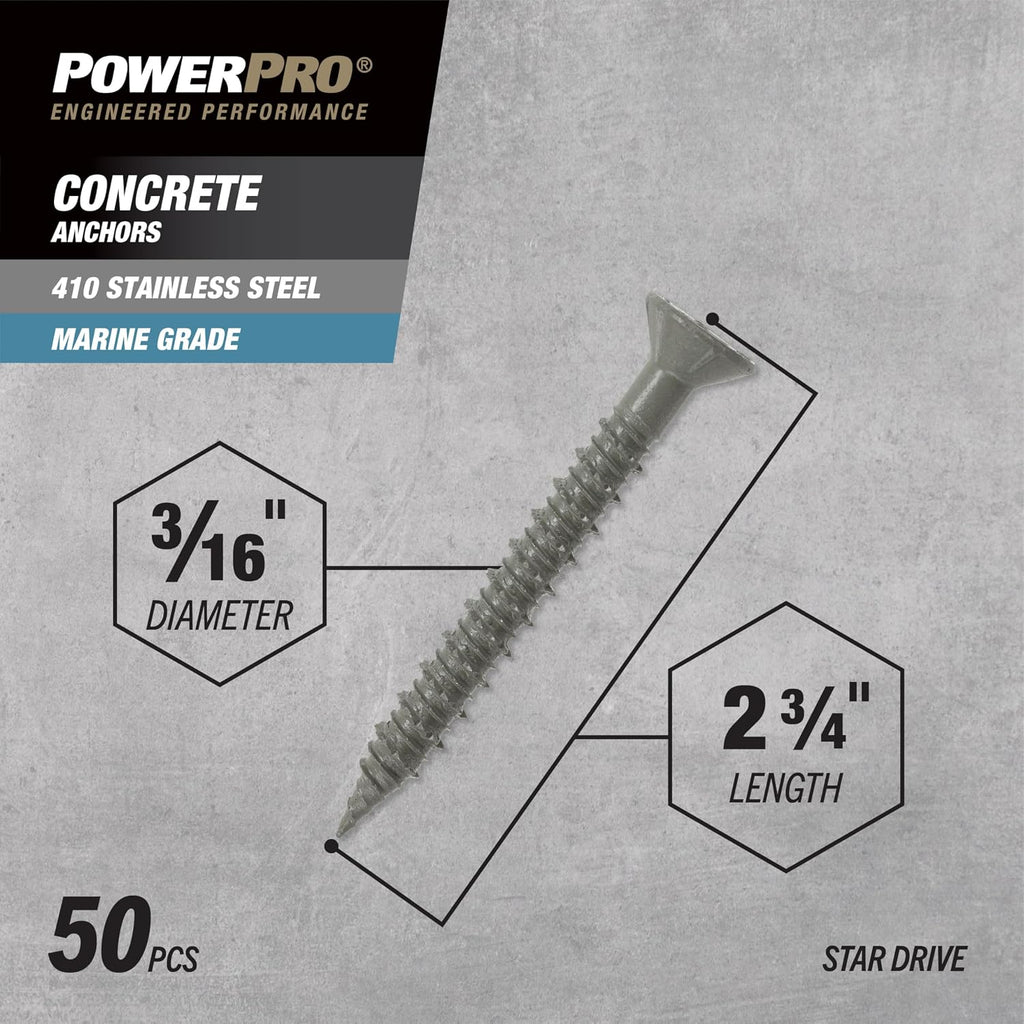 Power Pro Concrete Screw Anchors #410 Stainless Flat (3/16' x 2-3/4') 100-Piece
