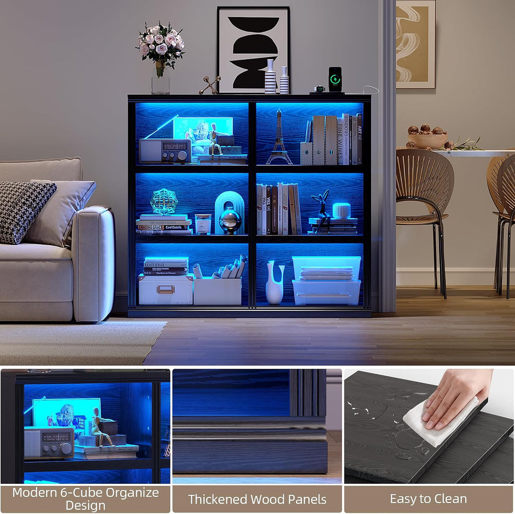 6-Cube LED Bookshelf with Motion Sensor Lights - USB Type-C Charging Module - Modern Cube Organizer Display Shelf 47.24 W x 43.31 H for Bedroom Living Room Home Office Gaming Room - Black